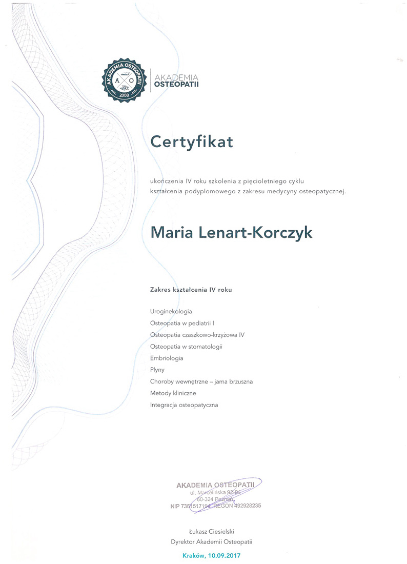 Certyfikat ukończenia kursu: Masaż Tkanek Głębokich i rozluźnianie mięśniowo-powięziowe z anatomią palpacyjną