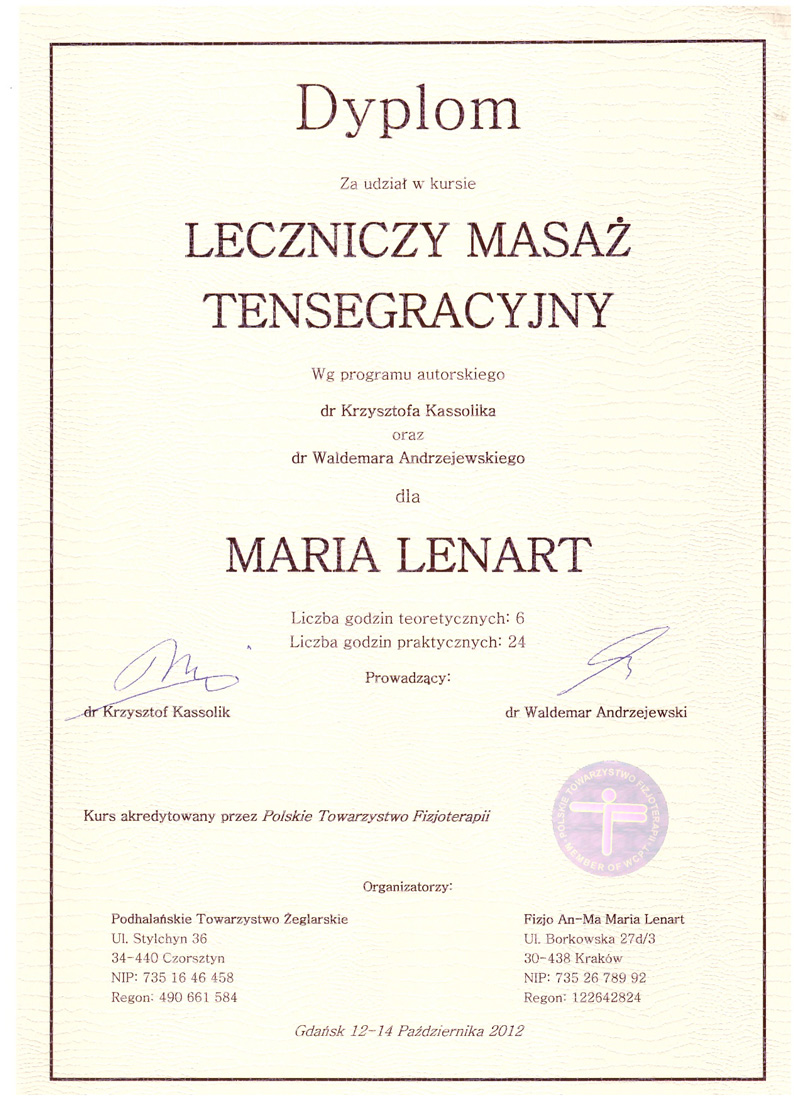 Certyfikat ukończenia kursu: Terapii Manualnej